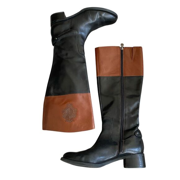 Etienne Aigner Equestrian Riding Boots 7.5M/37.5 Black Brown Leather Knee High - Picture 3 of 10
